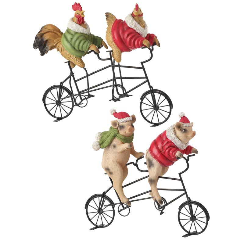 10.5" Resin and Metal Pig/Chicken On Bike Set of 2
