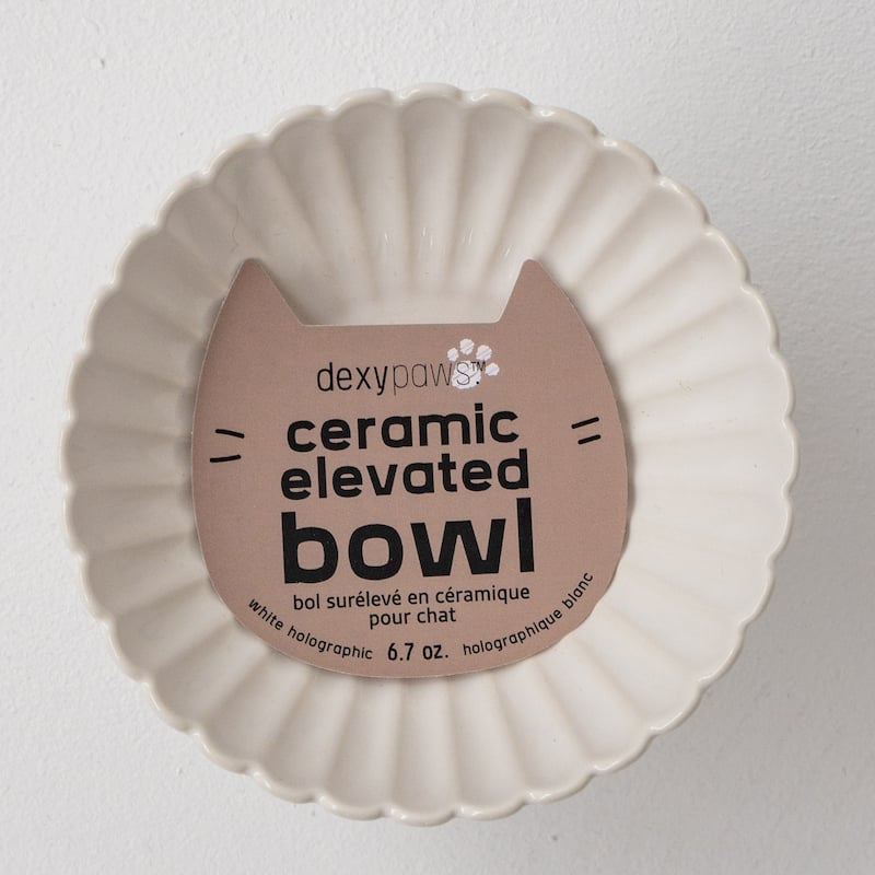 Dexypaws: Elevated Ceramic Bowl For Cats - White & Black Flower 8.45oz Capacity - White/Black