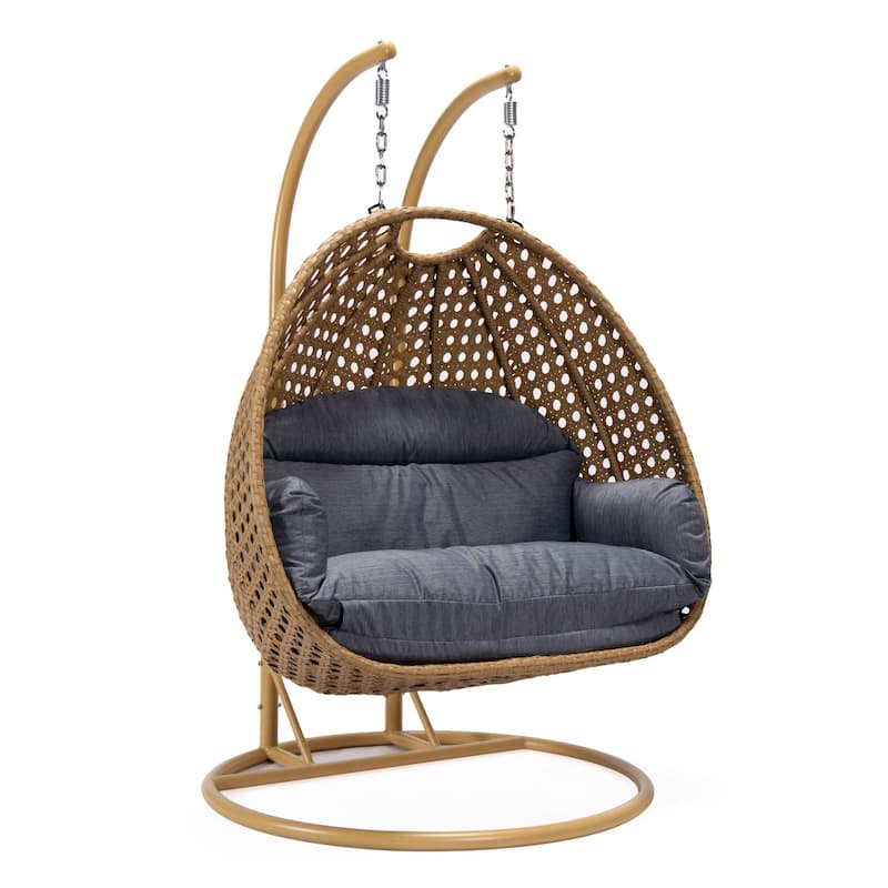 LeisureMod Mendoza 2-Person Hanging Egg Swing Chair - Handcrafted Light Brown Wicker, Patio Hammock Lounger with Cushions - 53" - Charcoal