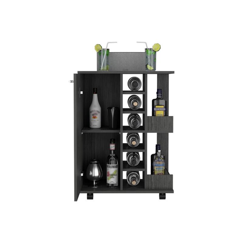 Bar Cart, Four Casters, Six Wine Cubbies, Single Door Cabinet
