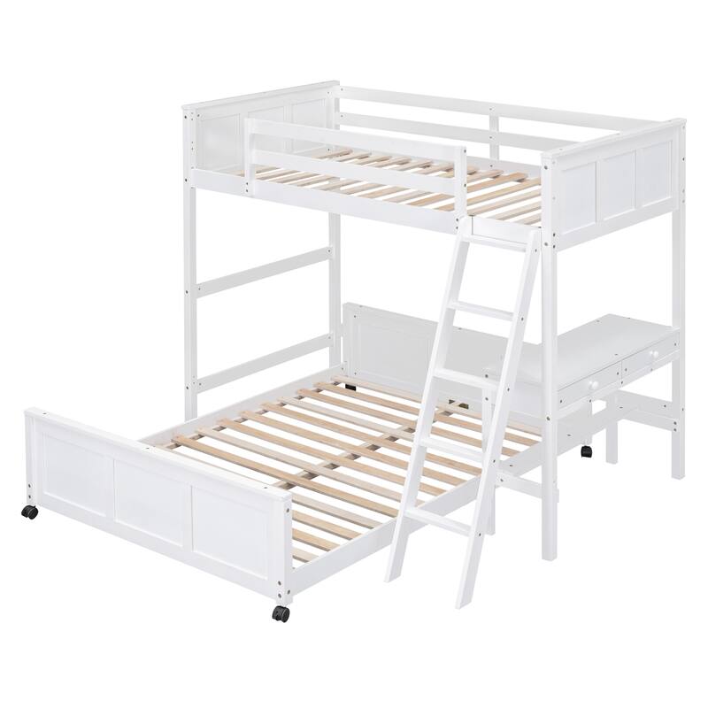 Bunk Bed with Built-in Desk and 2 Drawers, Wooden Separated Bedframe