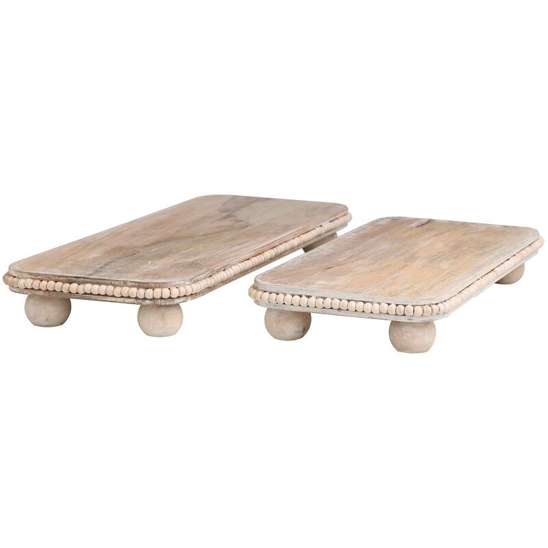 Light Brown Mango Wood Beaded Living Room Decor Tray with Large Ball Feet (Set of 2) - 23", 18"W