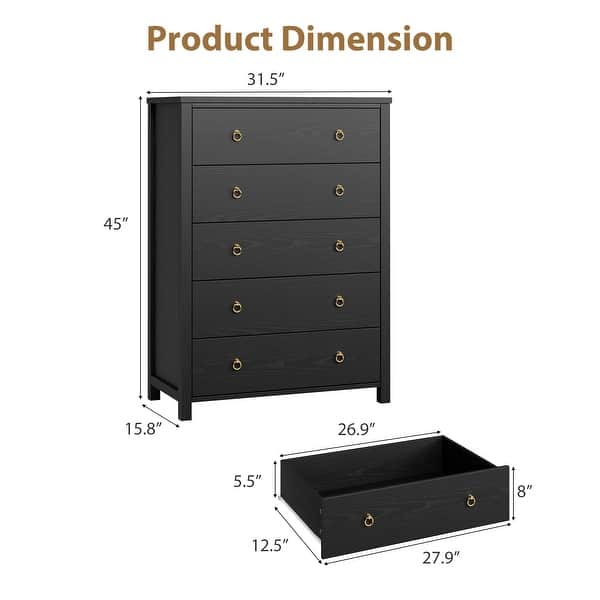 dimension image slide 2 of 4, Modern Chest of Drawers with Gold Ring Pull Handles & Strong Legs, Storage Cabinet for Bedroom, Living Room, Entryway