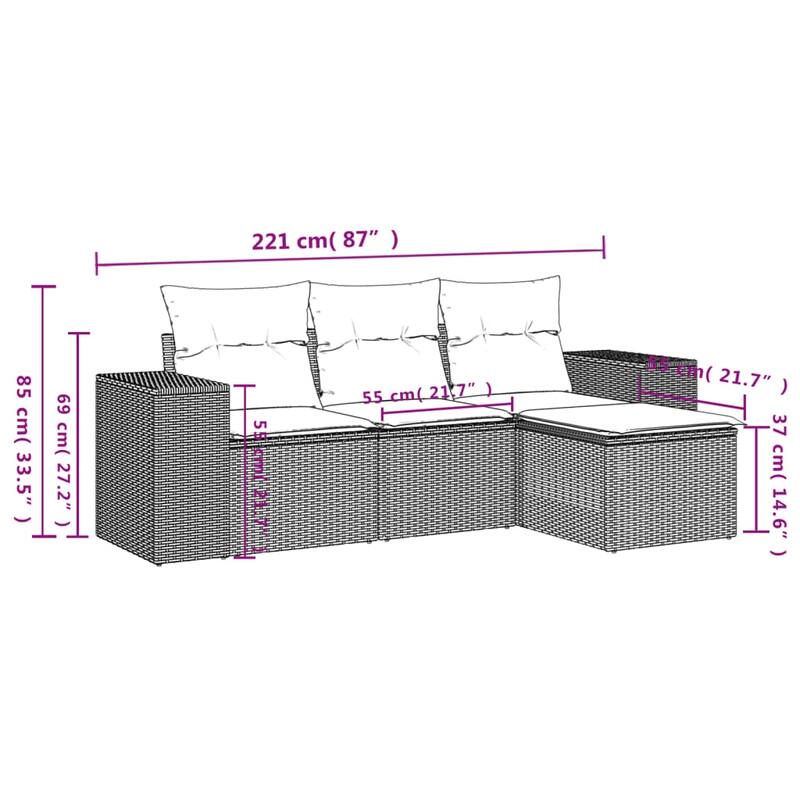 vidaXL Patio Sofa Set with Cushions Outdoor Conversation Furniture Poly Rattan - 21.7 x 21.7 x 14.6
