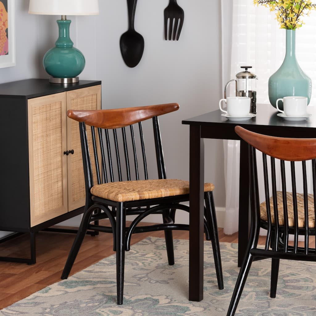 Parthenia Mid-Century Modern Two-Tone Black and Walnut Brown Finished Mahogany Wood and Natural Rattan Dining Chair