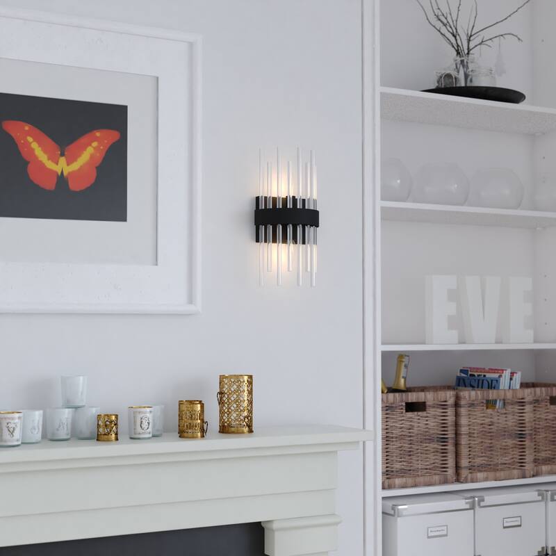 Delevan 2-Light 7.25 in. Black Contemporary Wall Sconce, Clear Glass Shade, Dimmable, LED Compatible, Bathroom Fixture