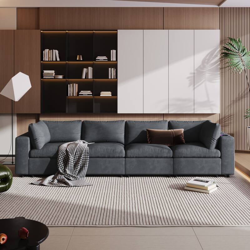 4-Seater Upholstered Modular Sofa with USB Ports & Wireless Charging for Livingroom Polyester Convertible Sofa