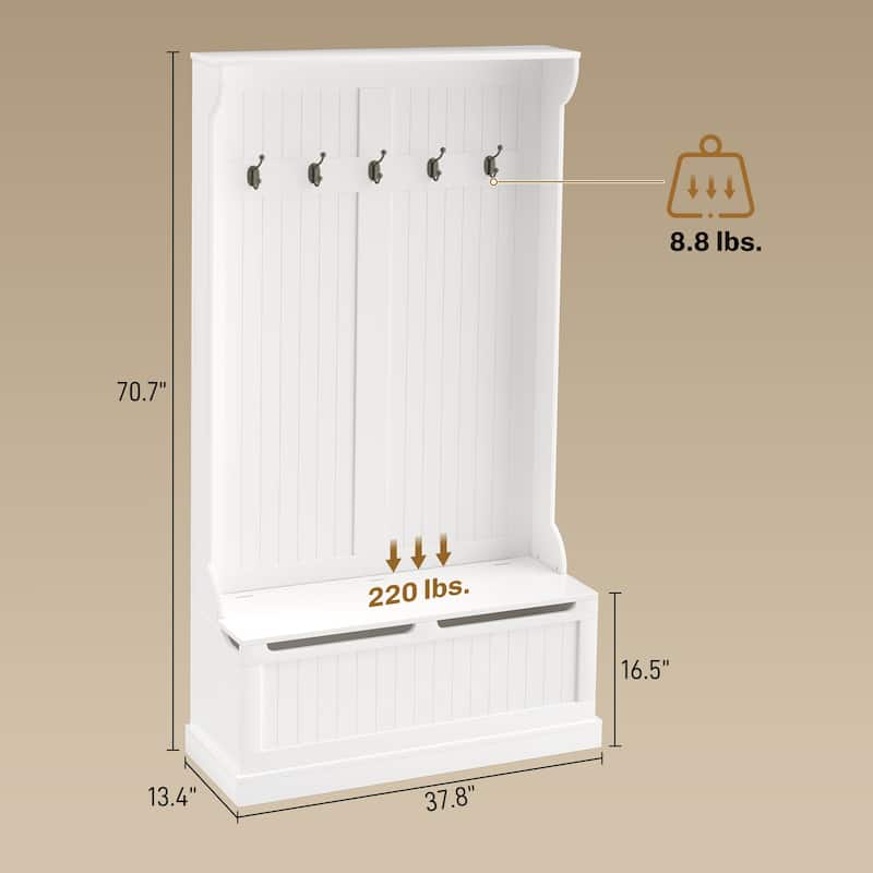 HOMCOM 71" 3-In-1 Hall Tree Storage Bench and Coat Rack with 5 Steel Double Hooks, and Anti-Topple Anchor for Entryway