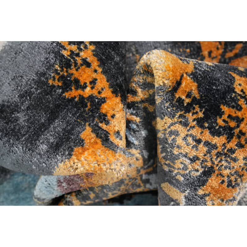 Hand Knotted Oriental Viscose Silk Carpet Modern Pictorial Navy Blue & Blues Abstract Area Rug - 7' 7'' X 5' 8''