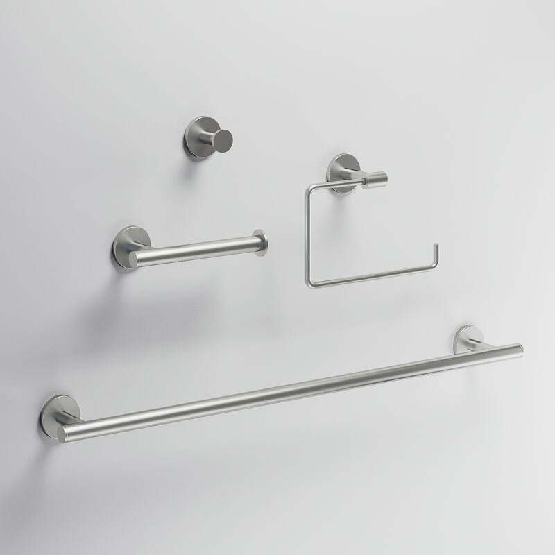 VIGO Elan 4-Piece Bathroom Hardware Accessory Set with 24 in. Towel Bar, Toilet Paper Holder, Hand Towel Holder, Hook - Brushed Nickel