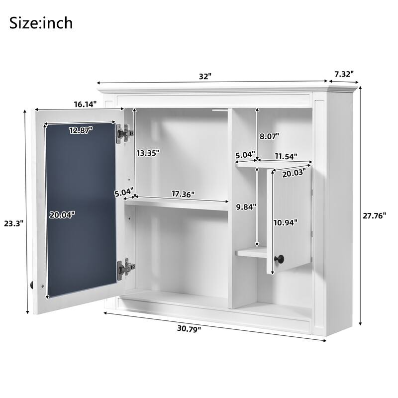 GDFStudio - Wellston Modern Wall-Mounted Bathroom Storage Cabinet with Mirror and Adjustable Shelves - 32"W