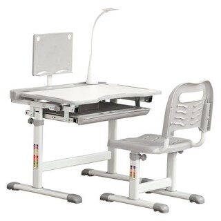 Tiltable Kids Desk and Chair Set with USB Light and Storage Drawer, Height Adjustable for Ages 6-12