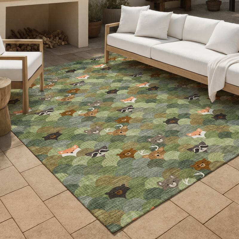 Machine Washable Indoor/ Outdoor Whimsy Critters Chantille Rug - Olive - 3' x 5'