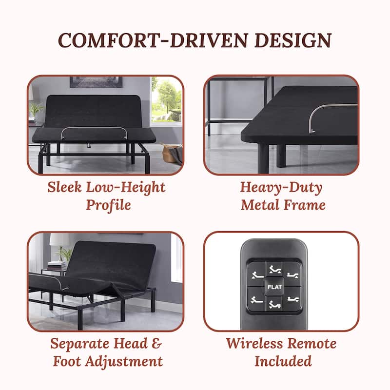 Adjustable Bed Base Frame with Zero-Gravity Positioning, Massage Options and Independent head and Foot Incline Adjustments