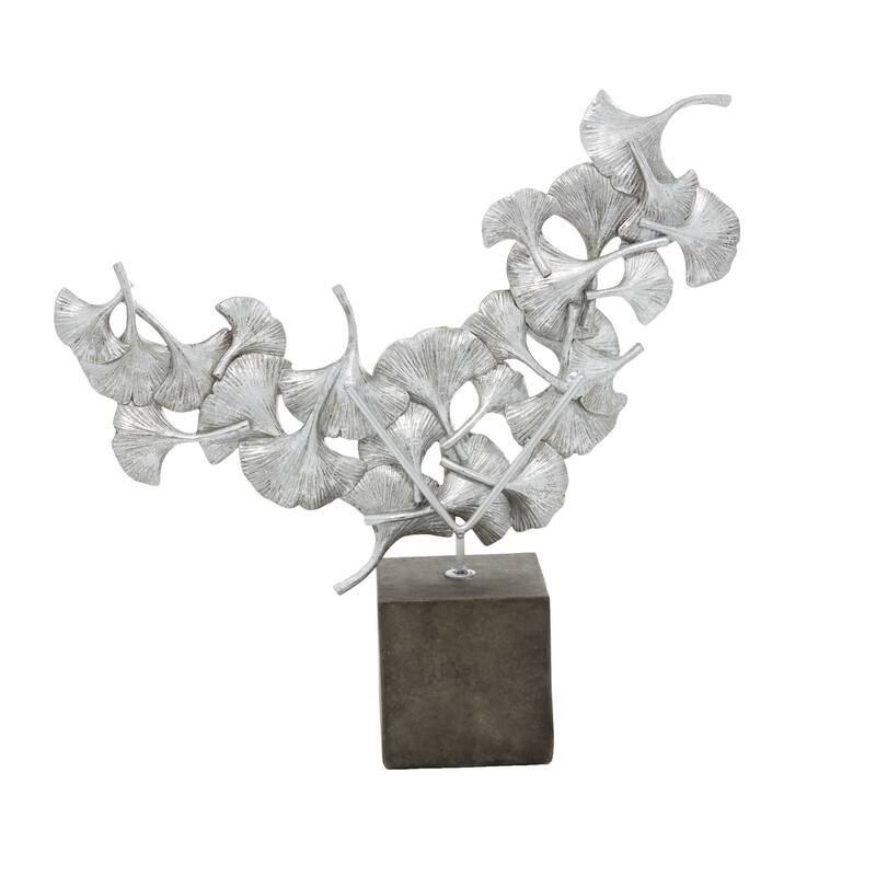 Silver Polystone Floral Decorative Sculpture with Black Block Base