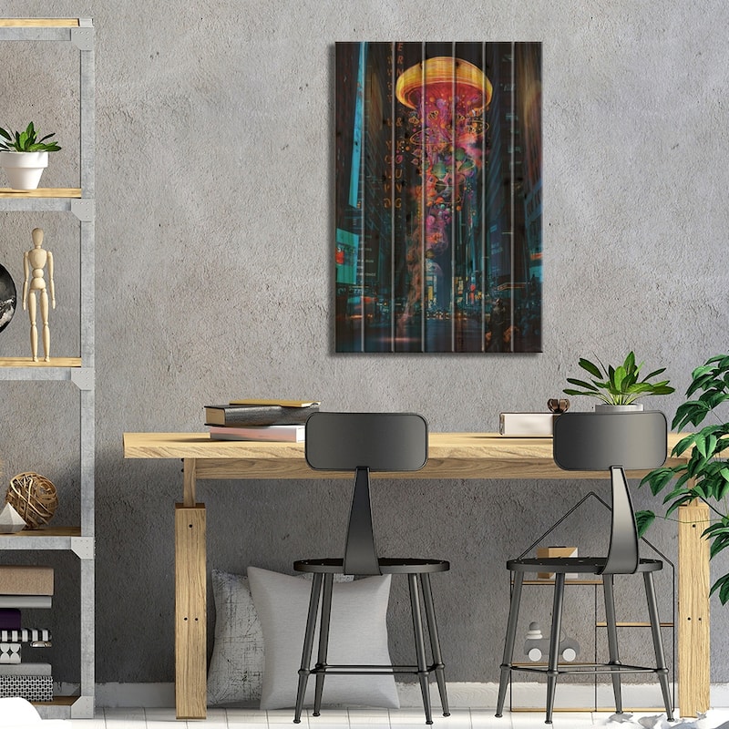 Electric Jellyfish In Newyork Print On Wood by David Loblaw - Multi-Color