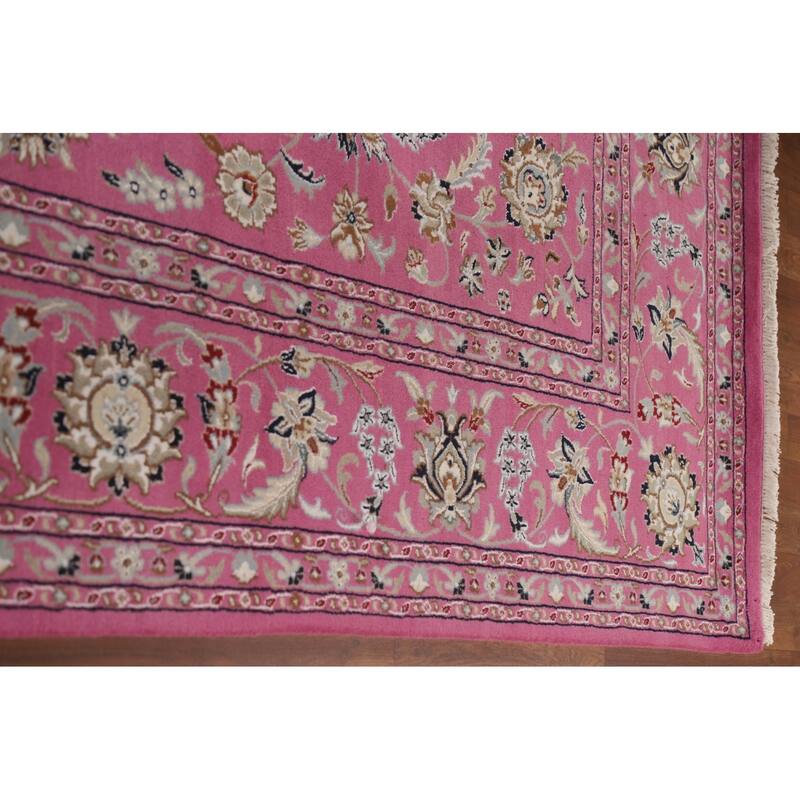 Floral Pink Kashan Oriental Area Rug Handmade Wool & Silk Carpet - 9'0"x 12'0"