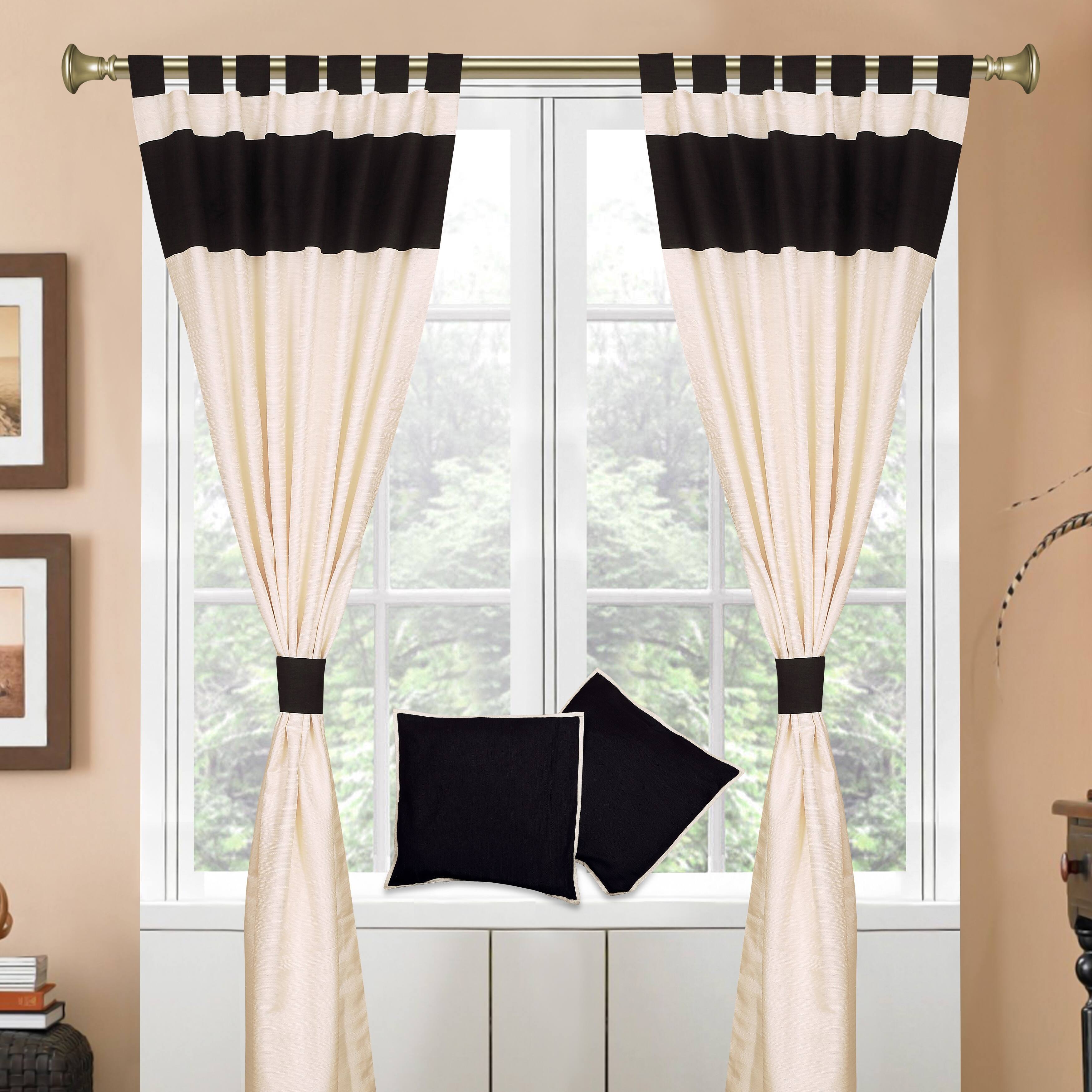 6 Pcs Cream Black Raw Silk Curtain,Cushion Cover,Tieback Set 43"W X