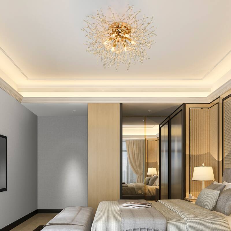 Crystal Flush Mount Ceiling Light, Modern Sputnik Firework Close to Ceiling Lamp - Golden + Crystal - 19.7