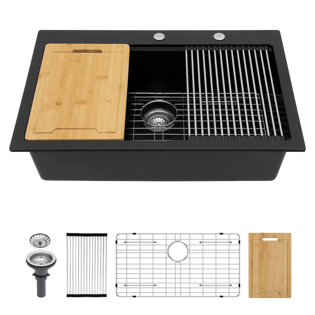Kichae Granite Composite Drop-in Sink 33 inch Black Workstation Sink - 33"x22"x10"