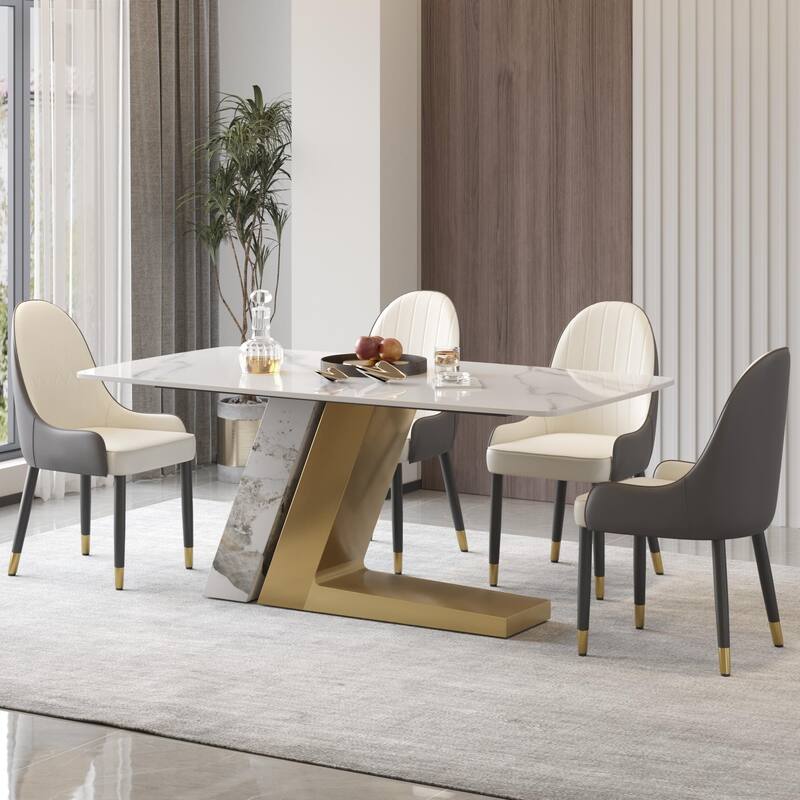 Rectangle Dining Table Faux Marble Tabletop Sintered Stone Panel with Stainless Steel Pedestal