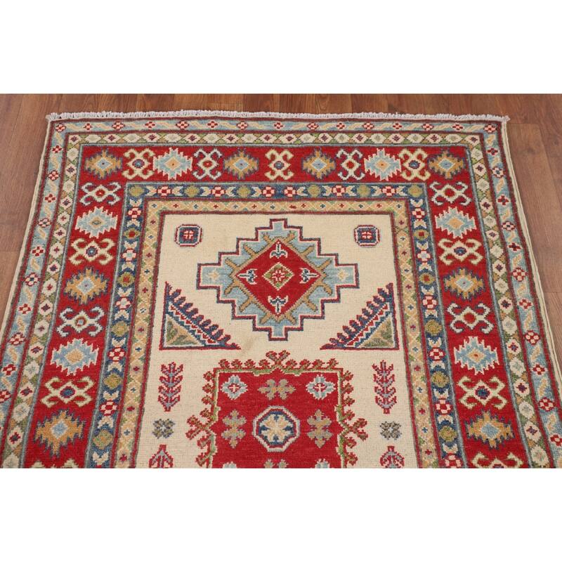 Beige / Ivory Kazak Accent Rug Hand-Knotted Geometric Wool Carpet - 3'11" x 4'11"