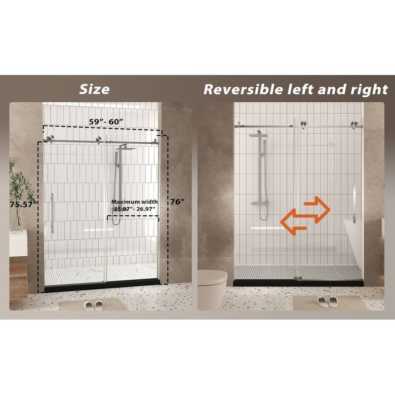 60x76 in. Sliding Shower Door, Frameless Tempered Glass with Stainless Handle, Quiet Wheels, Leakproof