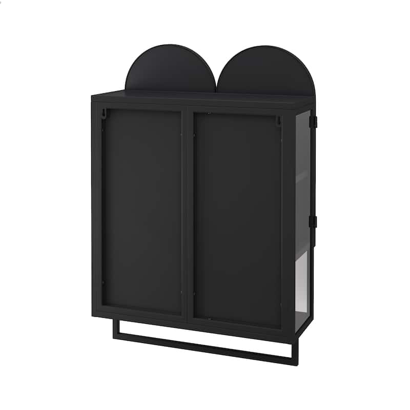Mirror Cabinet with 2 Arched Doors, Wall Mounted Bathroom Medicine Cabinet, Metal Wall Cabinet with Open Shelf & Towel Rack