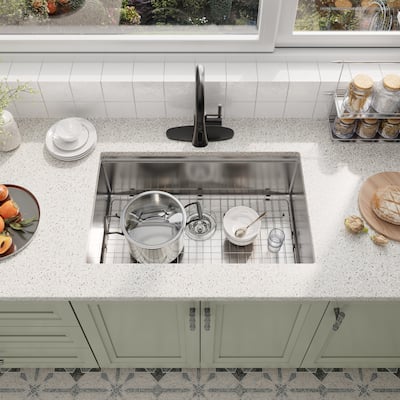 Undermount Single Bowl Nano Brushed Stainless Steel Workstation Kitchen Sink with Pull-Down Kitchen Faucet and Accessories