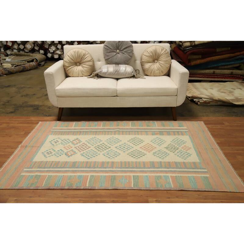 Hand Woven Oriental 100% Wool Carpet Southwestern Modern Beige & Ivories Kilim Area Rug - 6' 5'' X 4' 1''