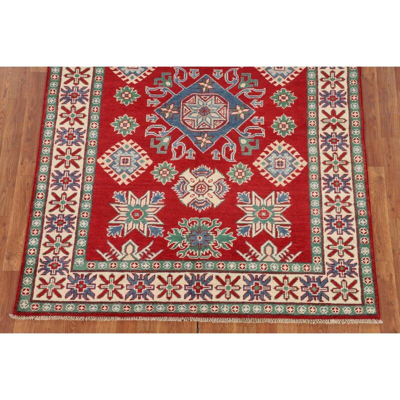 Red Kazak Oriental Area Rug Hand-Knotted Geometric Wool Carpet - 5'0" x 6'7"