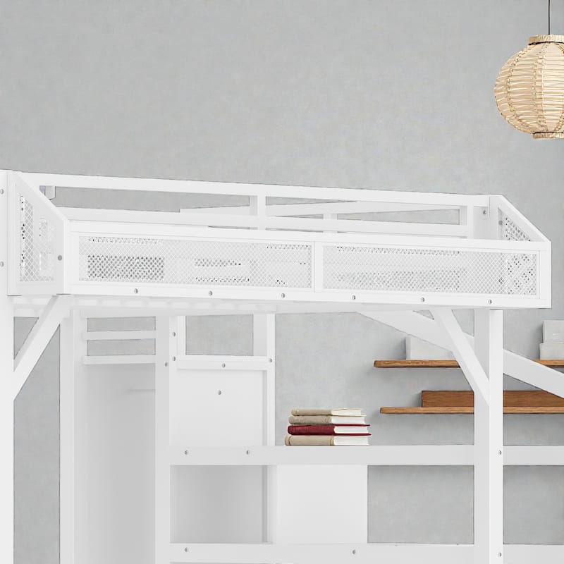 Metal Loft Bed with Storage Stairs, Wardrobe and Shelves, USB Ports and LED Lights, Noise Reduced Frame