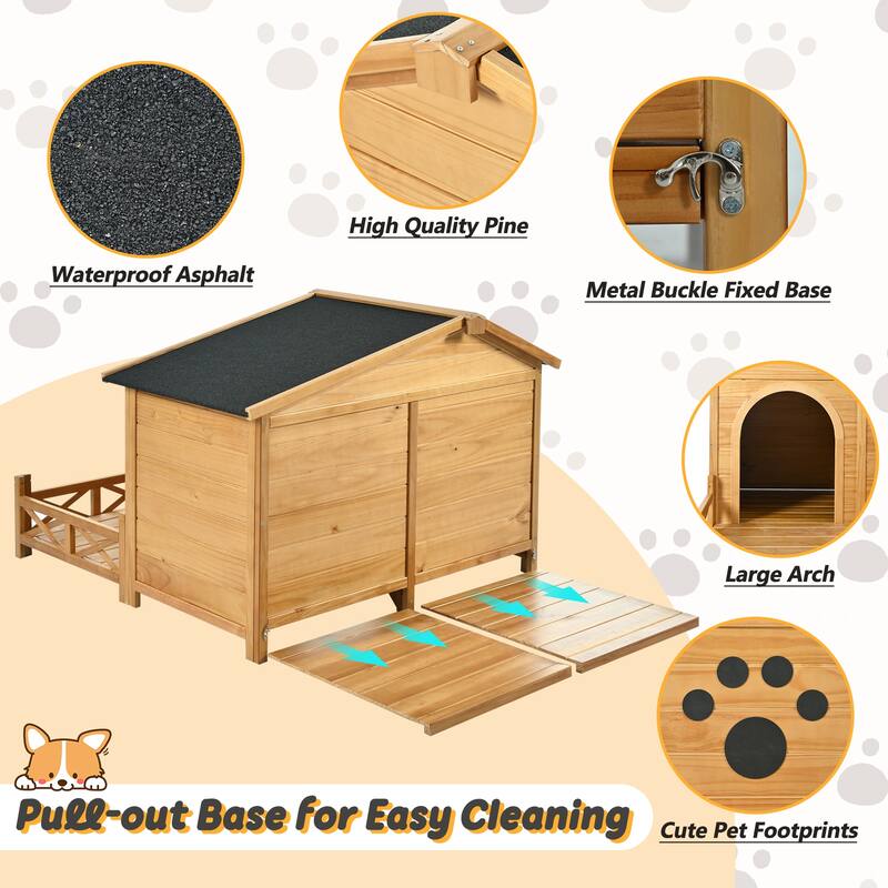 48" Wooden Dog House with Porch, Dog Kennel with Water-Resistant Asphalt Roof and Fencing, Dog Crate with Paw Print, Medium