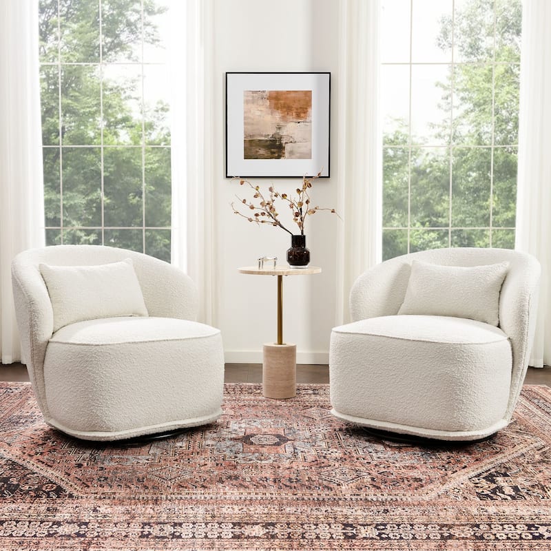 KINWELL 33" W Sherpa Boucle Upholstered Accent Swivel Chair (Set of 2) - Cream