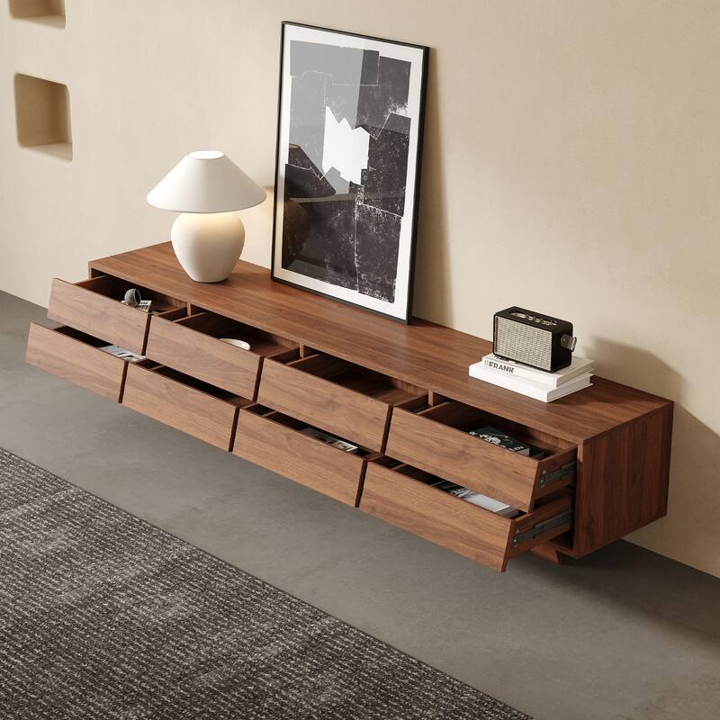 78.74" Mid Century TV Stands,Brown Wood Media Console with 8 Drawers