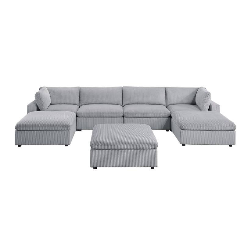 7 Piece Corduroy Upholstered Modular Sectional Sofa with Ottoman - Light Gray