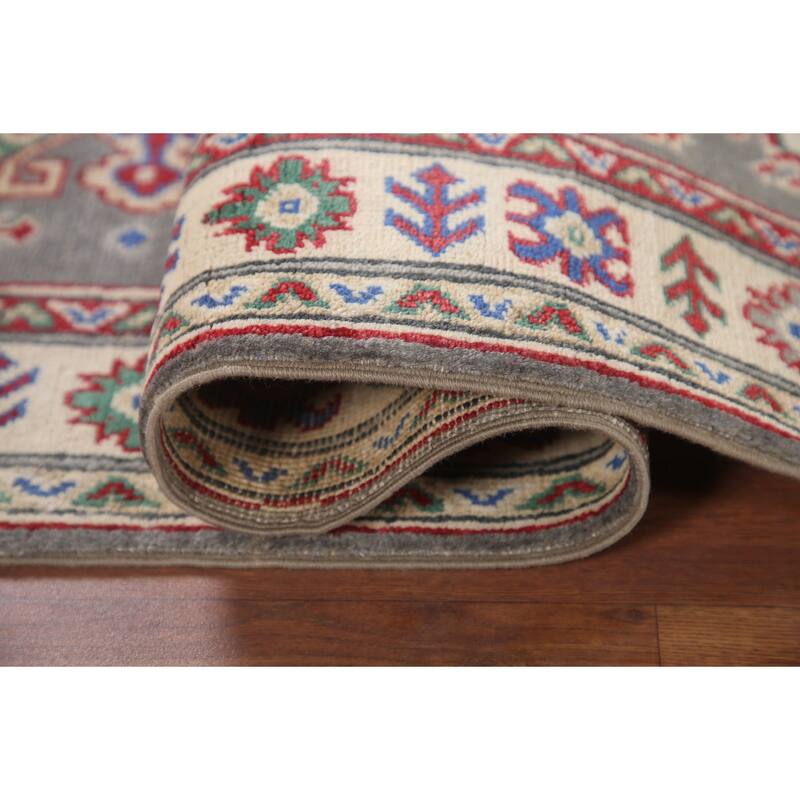 Hand Knotted Oriental 100% Wool Carpet Traditional Geometric Greys & Charcoal Kazak Runner Rug - 6' 7'' X 2' 7''