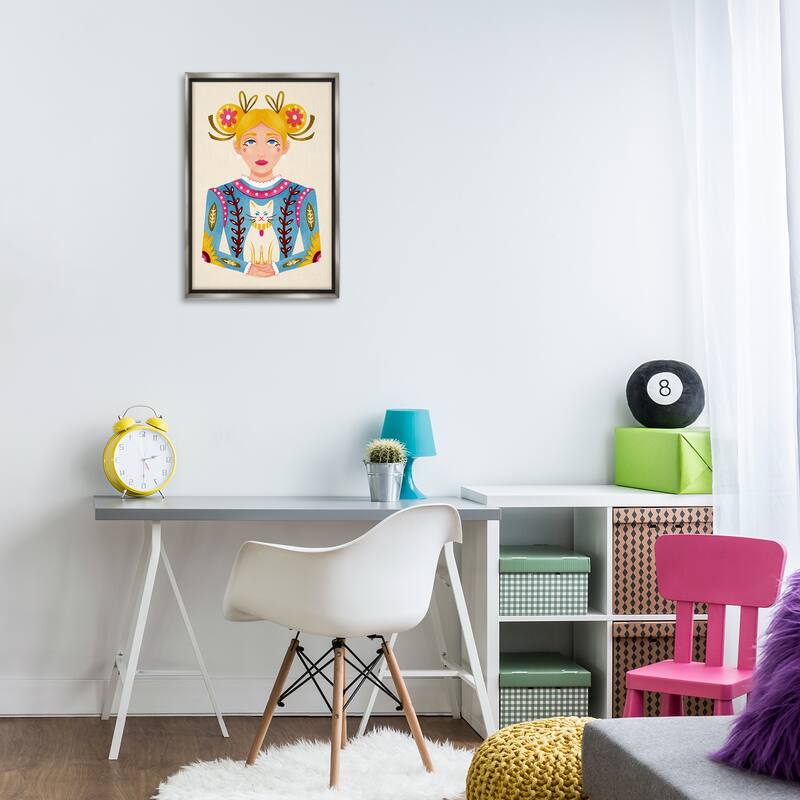 Stupell Blonde Folk Girl with Cat Framed Floater Canvas Wall Art Design By Hannah Moren