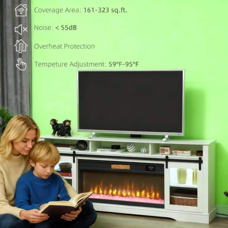 70.9" Electric Fireplace TV Stand with Open Storage and Side Cabinets