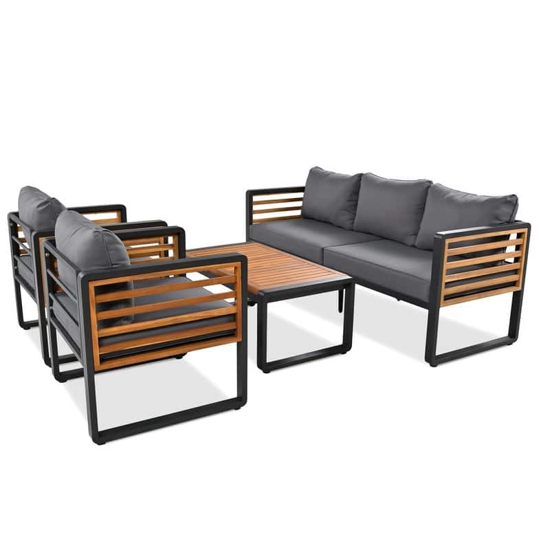 5-Person Outdoor Conversation Set with Removable Cushions and Stylish Metal Frame and Acacia Wood