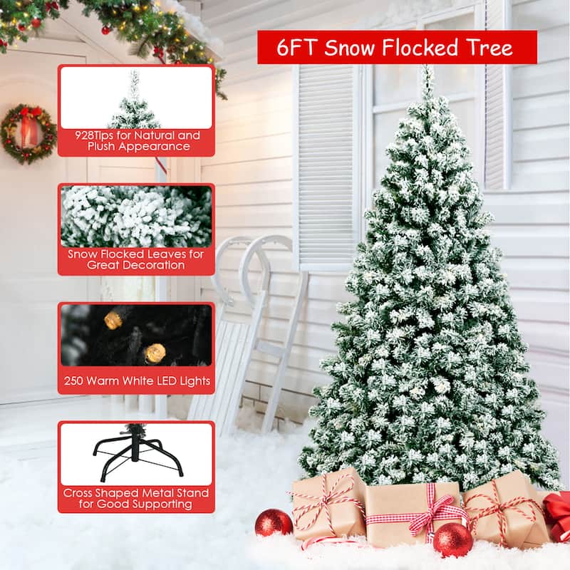 Gymax 6ft Pre-lit Snow Flocked Christmas Tree Hinged Pine Tree Holiday - See Details