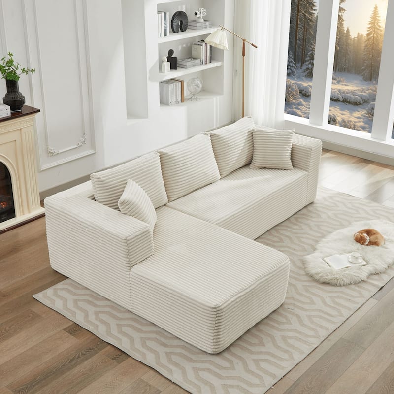 106" Corduroy Upholstery L-Shaped Cloud Modular Sectional Sofa with Chaise and Pillows, All-Foam Compression Design