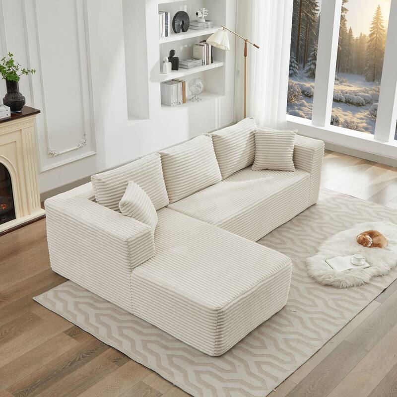 Modular Sectional Sofa with L-Shape Chaise, Oversized Corduroy Upholstered Cloud Sofa, Deep Seat Sofa with 2 Throw Pillows
