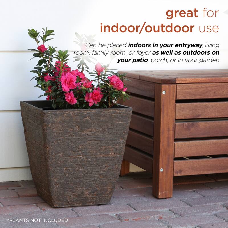 Alpine Corporation Indoor/Outdoor Stone-look Squared Planter, Large, Brown (Set of 2)