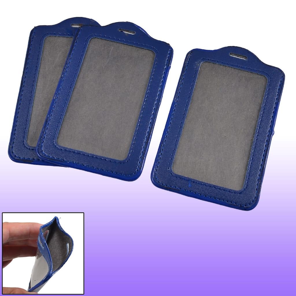 3 Pcs Company Blue Faux Leather Vertical Staff Name Badge ID Holder