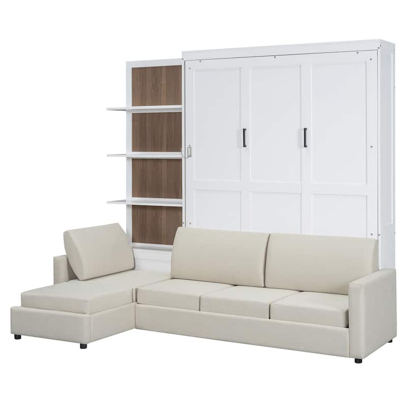 Convertible Queen Murphy Wall Bed with Sectional Sofa & 4-Tier Bookcase by Harper&Bright Designs