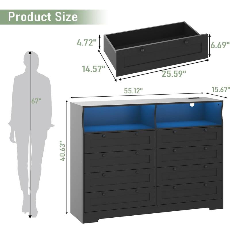 8 Drawers Wooden Dressers for Bedroom Living Room, Hallway, Wood Dressers with Led Lights and Charging Station - Black