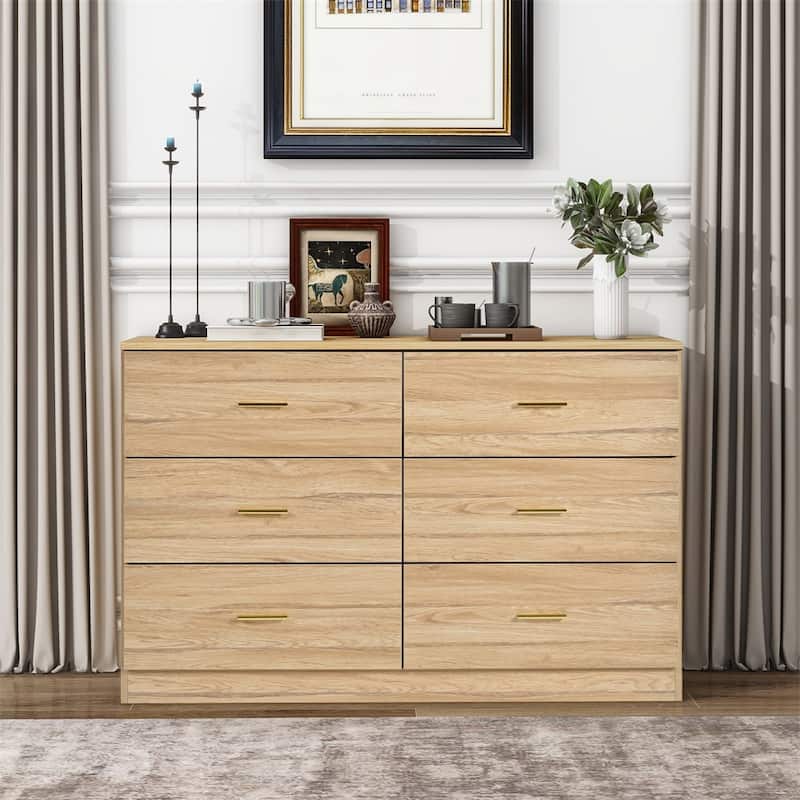 6 Drawer Double Dresser, Large Wooden Storage Organizer, Clothes Storage Cabinet with Gold Handles and Ball Bearing Slide - Natural