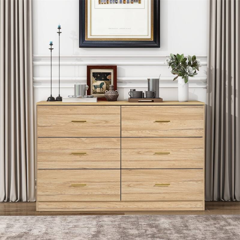Modern Minimalist Style Drawer Dresser Large Space Storage Cabinet with 6 Drawers Gold Handles, for Bedroom - Beige