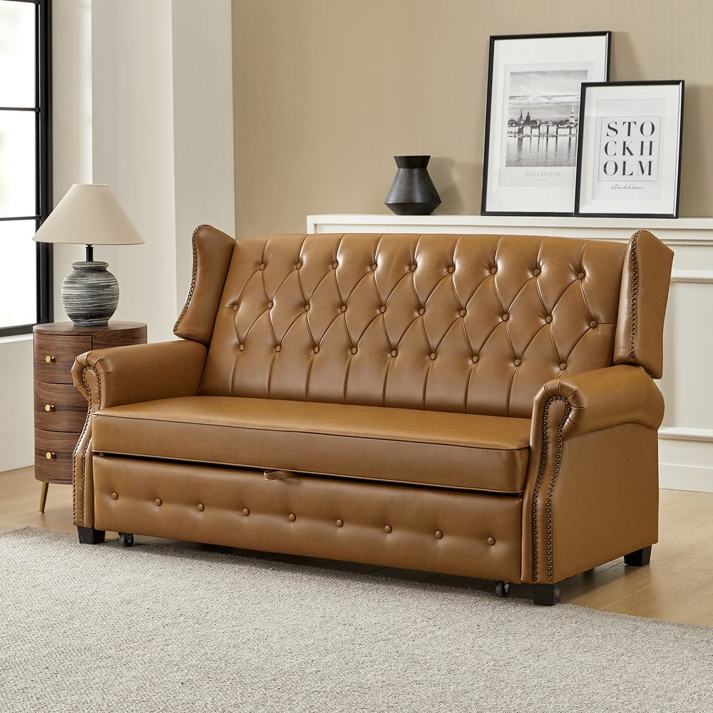 Ruedi Transitional 73.6" Vegan Leather Sofa Bed with Tufted Back and Nailhead by HULALA HOME